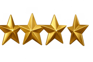 Four golden rating stars symbolizing customer satisfaction, service excellence, and product quality on a transparent background