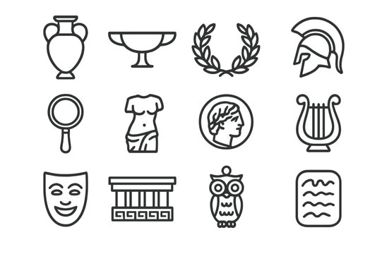 Greek Relics Icons. Greek relics. Line icon set of Greek relics: amphora, kylix, laurel wreath, hoplite helmet, bronze mirror, statue fragment, drachma coin,