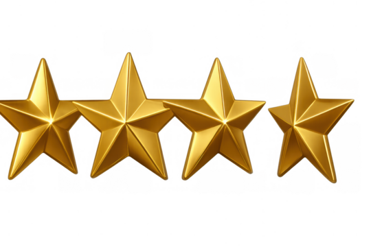 Four golden rating stars symbolizing customer satisfaction, service excellence, and product quality on a transparent background