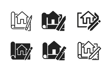 Obraz premium Renovation Logo Variations. Home renovation and remodeling. Set Logo of Home renovation and remodeling: architectural blueprint with pencil and ruler. Icon