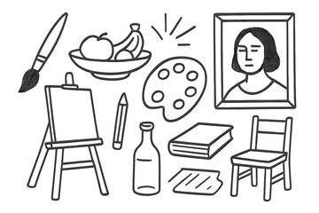 Art Studio Sketch. Realism painting. Hand-drawn doodle illustration realism painting brush, fruit bowl, portrait, light rays, frame, palette, easel, pencil,