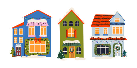 Fototapeta premium Winter holiday Christmas houses in cartoon groovy style with decorations, festive wreaths, snow, garland and Christmas tree. Cozy winter outside retro house interior. Vector illustrations isolated