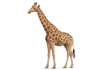 Naklejka premium Giraffe standing in profile. Long neck, spotted coat, and horns visible against transparent background. An adaptable mammal