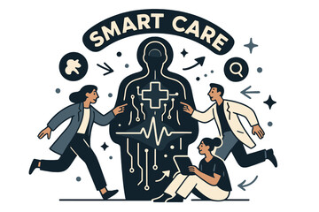 Obraz premium Smart Healthcare Technology. Technology in Healthcare. A glowing cross icon connects to circuit lines forming a human silhouette; heartbeat wave runs through