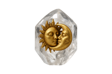 Golden Sun and Moon Face Crystal Isolated on Transparent Background