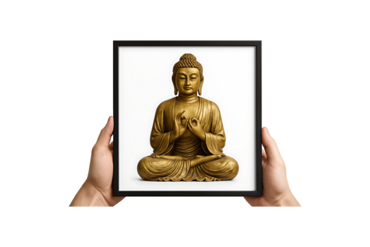 Golden Buddha Statue Photo Frame Held by Hands Isolated on Transparent Background