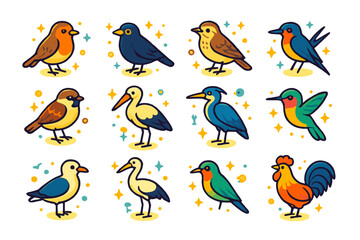 Obraz premium Daybreak Bird Icons. birds at daybreak. Colorful isometric vector icons set of birds at daybreak: robin, blackbird, skylark, swallow, sparrow, stork, heron,