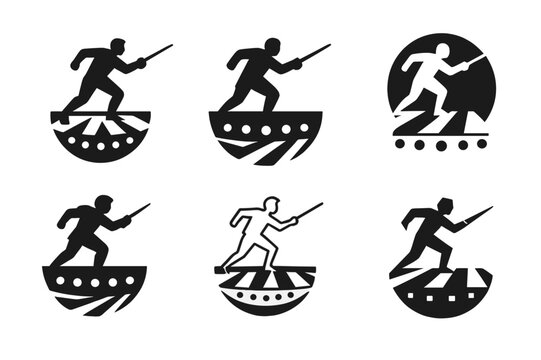 Dramatic Sword Fight Logos. An actor performing a dramatic sword fight on stage. Set Logo of An actor performing a dramatic sword fight on stage: footlights