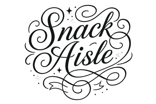 Elegant Snack Aisle Flourishes. . Snack Aisle ? Flourish Lettering: elegant ornamental script with medium-thick strokes; long swashes and tidy curls echoing