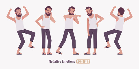 Middle aged man, casual relaxed wear negative anger pose set. Bearded guy white, sleeveless wifebeater undershirt, comfy lounge pajama jogger pants, slippers. Vector flat style cartoon illustration