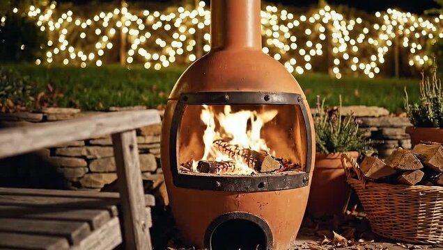 Outdoor chiminea with burning fire at night, surrounded by autumn leaves and string lights