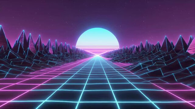Retrofuturistic digital landscape with neon grid road and glowing sun video - Powered by Adobe