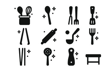 Obraz premium Kitchen Utensil Icons. Kitchen Utensil Holder. Solid icons set of Kitchen Utensil Holder: ceramic jar, wooden spoon, whisk, spatula, tongs, rolling pin, ladle,