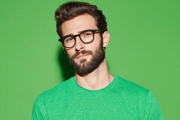 Obraz premium The art of simplicity: uniting style and nature. Editorial use. Portrait of a handsome brunette man with glasses against green. Simple life. Feature story.