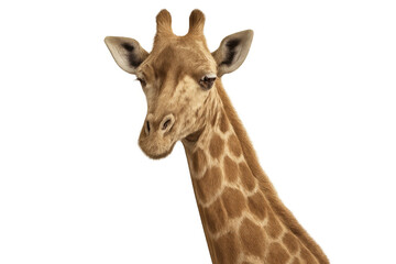 Fototapeta premium Giraffe head and top of neck isolated on a transparent background, showcasing detailed facial features and unique spotted coat