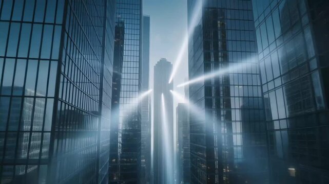 Towering glass skyscrapers with dramatic light beams piercing the sky building architecture