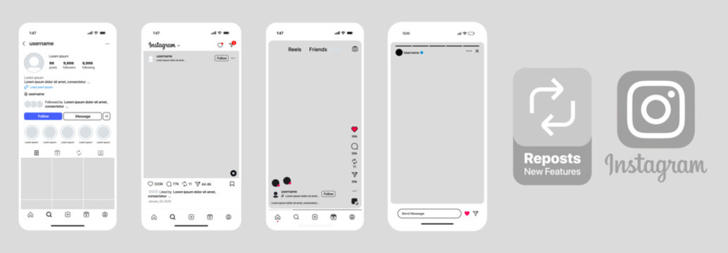 instagram mockup social media post template. instagram new grid size template update 2025. social network instagram app. Instagram Post Reels Story mockup template frame with Phone mock up