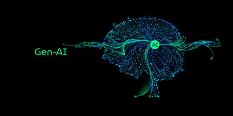 Illustration of abstract stream. Artificial intelligence. Big data, technology, AI, data transfer, data flow, large language model, LLM, generative AI	