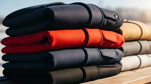 Stack of folded jackets displays organized apparel, featuring a collection with vibrant colors. These folded jackets are neatly arranged to showcase style and design.