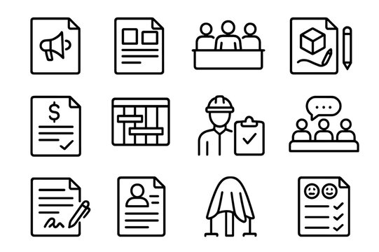 Public Art Icon Set. Public Art Curation. Line icon set of Public Art Curation: open call notice, artist portfolio, selection jury, proposal sketch, budget
