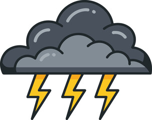 A cartoon vector illustration of a dark grey storm cloud with a subtle outline, from which three distinct yellow lightning bolts are striking downwards, symbolizing a thunderstorm.