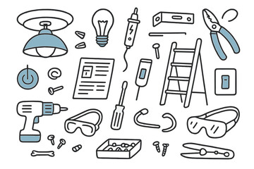 Fototapeta premium Light Fixture Replacement. // Light fixture replacement. Hand-drawn doodle illustration light fixture replacement [ceiling fixture (accented), light bulb