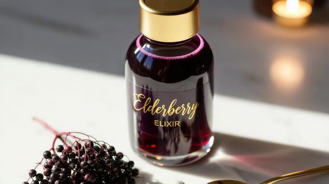 Elderberry elixir in glass bottle with fresh elderberries, shining in sunlight, offers a natural remedy. Deep color elderberry elixir in sunlight, with soft shadows and blurred background.