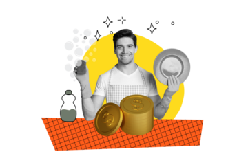 Composite trend artwork image photo collage of paint bright color monochrome guy smile handsome housekeeper smile face wash clean dishes