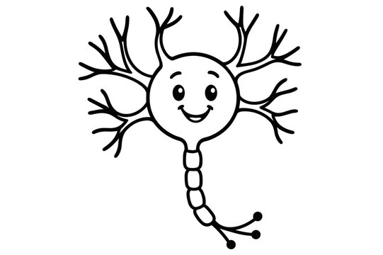 Smiling Cartoon Neuron. Neurons children?s coloring book illustration, outlined drawing, a smiling cartoon neuron with a big round cell body, branching