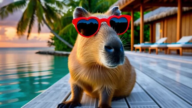 Capybara wearing stylish red heart sunglasses sitting on a wooden deck overlooking turquoise ocean water at sunset, enjoying vacation