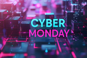 Abstract Cyber Monday concept featuring futuristic digital elements, ideal for online shopping promotions, banners, and advertisements