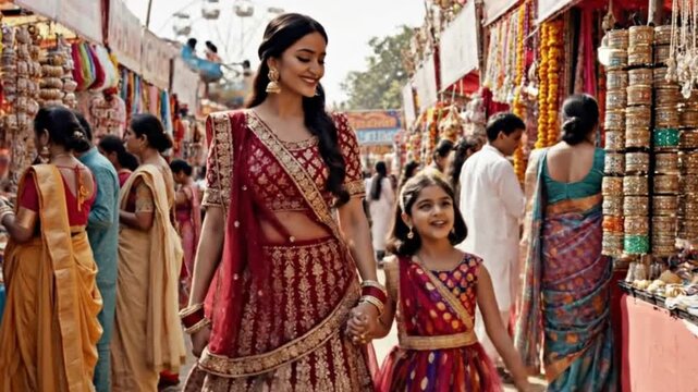 Indian Mother and Daughter Walking Through a Colorful Traditional Fair in India