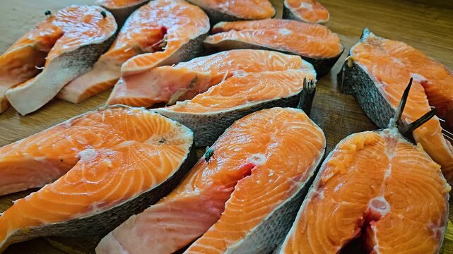 Flies sitting on raw salmon steaks on wooden surface, acting as parasites and spreading bacteria. Insects crawling over exposed fish flesh, contaminating meat with germs and potential diseases. Bugs