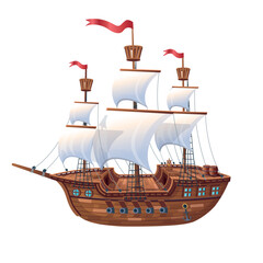 Cartoon Vector Illustration. Pirate Ship, sailing ship. Cartoon-style ship with a deck