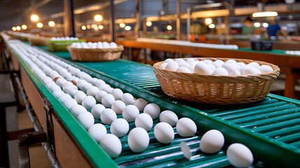 Eggs in a basket on a conveyor belt in a factory