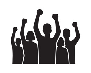 Silhouette of a crowd with raised fists, a vector icon for protest, revolution, and activism