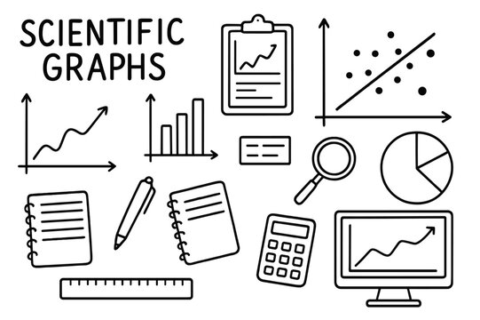 Hand-drawn Scientific Charts. Scientific Graphs. Hand-drawn doodle illustration Scientific Graphs line graph, bar chart, scatter plot, pie chart, axes, trend