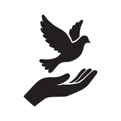 Hand releasing a dove silhouette vector on white background, a symbol of peace, freedom, and hope