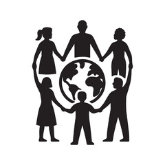 Diverse people holding hands around the globe silhouette vector on white background