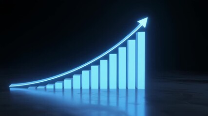 Glowing blue bar graph with upward arrow signifying growth and success on a dark reflective surface finance - Powered by Adobe