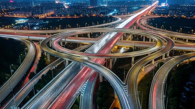 Aerial perspective of a complex highway interchange at night, with blurred light trails