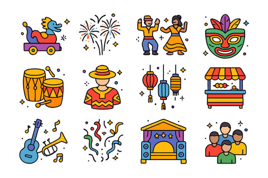 Global Festival Icons. Global festivals. Colorful isometric vector icons set of global festivals: parade float, fireworks, traditional dance, festival mask,