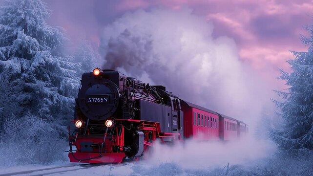 Steam locomotive adventure, Classic red steam engine moving in winter landscape, Oldfashioned train chugging through snowy forest under blue winter