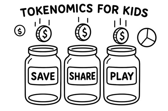 Tokenomics Coloring Fun. Tokenomics for kids children?s coloring book illustration, outlined drawing, three jars labeled ?Save,? ?Share,? and ?Play? with coin