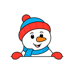 Cartoon Peeking Snowman Flat Illustration
