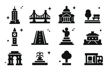 Obraz premium Miniature LEGO Icons. Miniature LEGO Architecture. Solid icons set of Miniature LEGO Architecture: skyscraper, bridge, museum, park, clock tower, road, statue,
