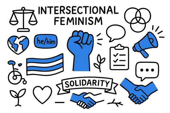 Intersectional Feminism Icons. Intersectional feminism. Hand-drawn doodle illustration intersectional feminism raised fist (accented), overlapping circles
