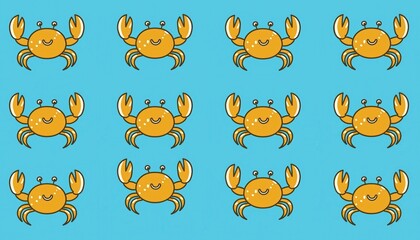 A cheerful pattern of yellow cartoon crabs on a light blue background. The crabs are stylized with simple lines and smiling faces, creating a playful and whimsical design.