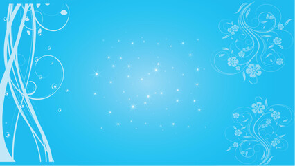 Abstract light blue background with delicate white floral and vine elements