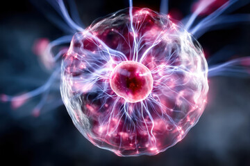 Scientific visualization of a colorful atomic structure with energy emissions